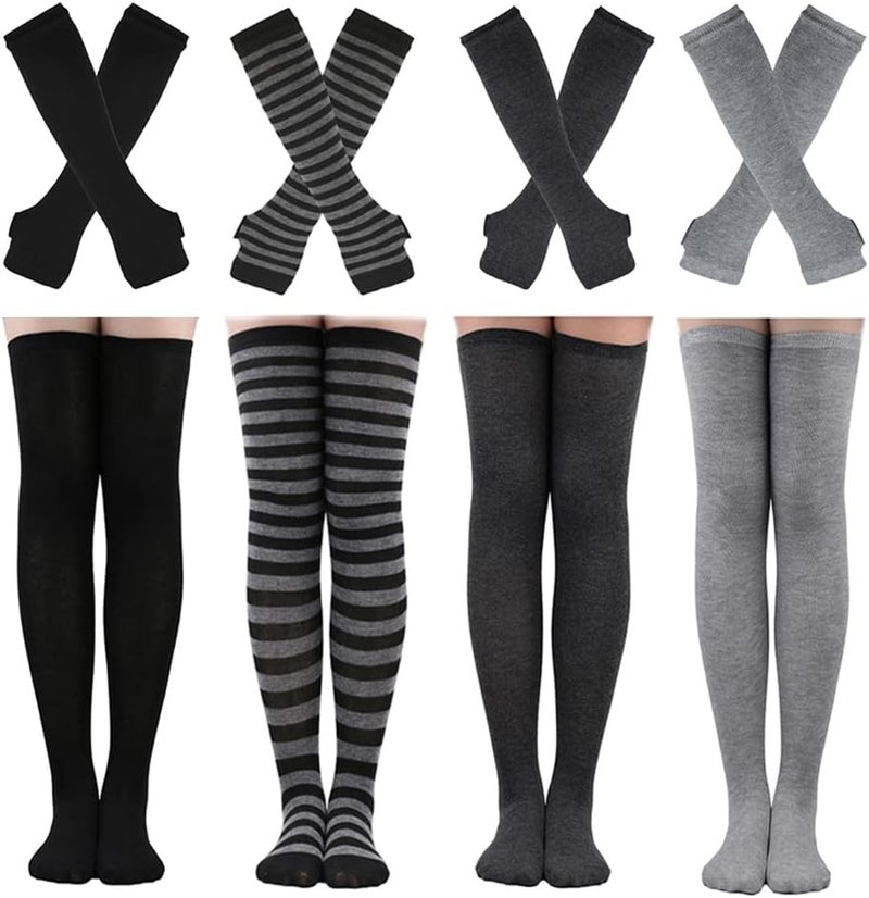 Barrlves Store 2/4 Sets Womens Striped Knee High Socks Long Knitted Arm Warmers Fingerless Gloves for Halloween Costume - Image 1